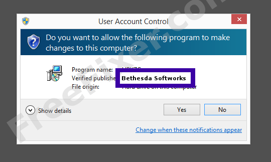 Screenshot where Bethesda Softworks appears as the verified publisher in the UAC dialog